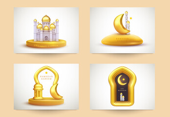 Ramadan kareem islamic beautiful design template. Minimal composition in 3d realistic style. Set holiday background for branding greeting card, banner, cover, flyer or poster. Vector illustration.