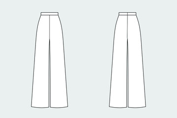 Woman trousers and flared jeans vector template isolated on a grey background. Front and back view. Outline fashion technical sketch of clothes model.