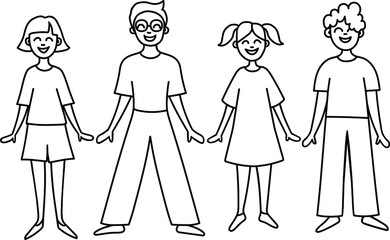 Friendly people holding hands, drawing a group of positive people in doodle style, contoured hand drawn men, women, children, friends, peaceful association, international day of peace