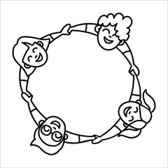 Friendly people holding hands in a circle, drawing a group of positive people in doodle style, contour hand drawn men, women, children, friends, peaceful association, international day of peace - obrazy, fototapety, plakaty