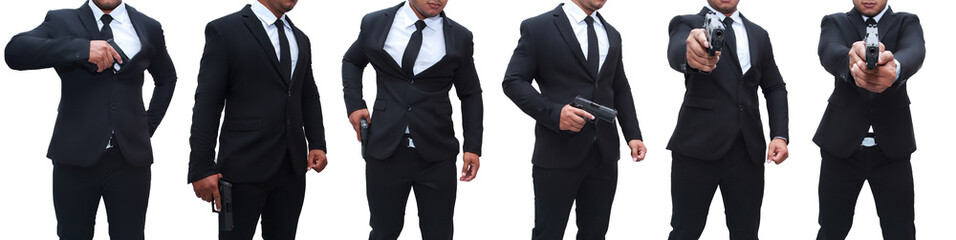 Collection of bodyguards in black suits holding pistols on white background.