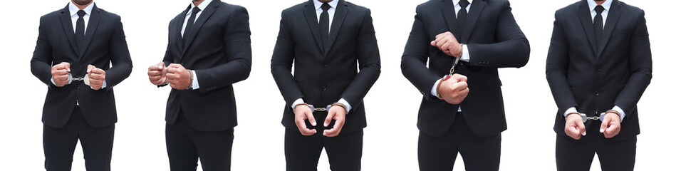 Collection of young businessman handcuffed due to corruption on white background