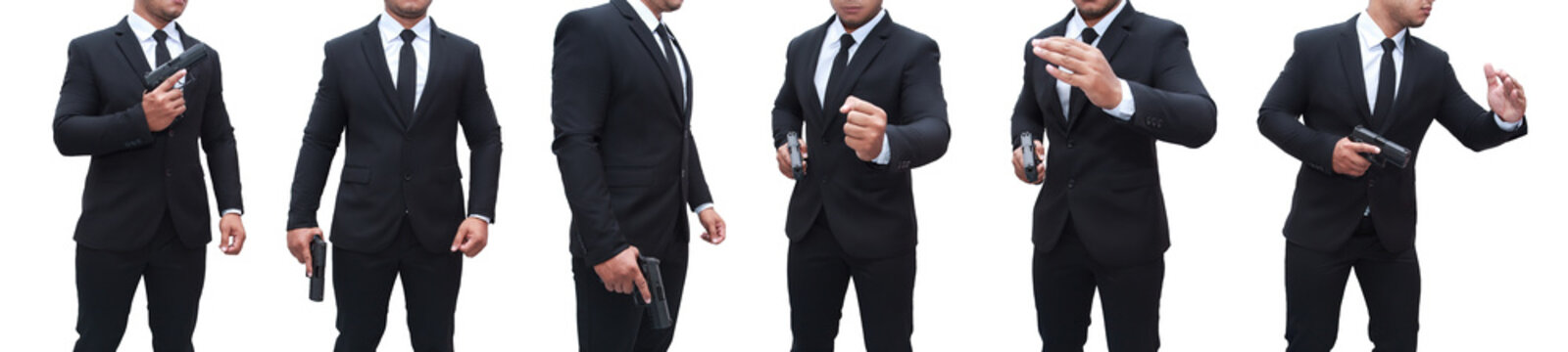Collection of bodyguards in black suits holding pistols on white background.