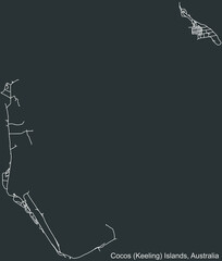 Detailed negative navigation white lines urban street roads map of the Australian external territory of COCOS (KEELING) ISLANDS, AUSTRALIA on dark gray background