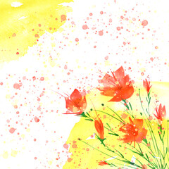 watercolor painting. A bouquet of flowers of red poppies, wildflowers on a white isolated background. Hand drawn watercolor floral illustration, logo. Green grass,blue sky, hill, abstract paint splash