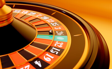 Obraz premium Close up view of realistic roulette wheel with ball with effect bokeh on gold background. Gambling concept design. 3d rendering illustration. 