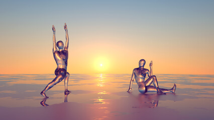 3d illustration morning yoga class on the beach