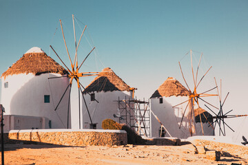 famous view  Traditional windmills on the island Mykonos, Greece - obrazy, fototapety, plakaty