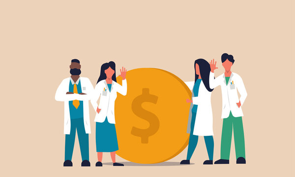 Cost Financial Health And Hospital Doctor Medical Fund. Money Account Benefits And Discount Pay Loan Vector Illustration Concept. Insurance Illness Coin Budget And Safety Usa Dollar. Investment Risk