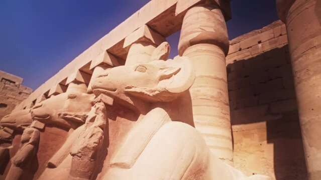 "Road of Rams" by the Karnak Temple in Luxor, Egypt.
Close up shot, slow rotation with low depth of field.  