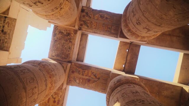 An Obelisk in the Karnak Temple, Luxor Egypt. 
Filmed from straight below and up with a slight rotation.