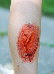 Make up wound and scares on womans leg