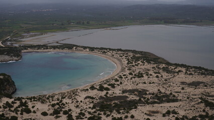 View on Voidokilia Beach from fortress above, Peloponnes, Greece, Eurpope