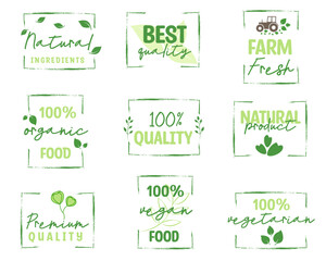 Organic food, natural product icons and elements collection for food market. Vector illustrations for graphic, packaging design, marketing material, restaurant business and premium quality products.