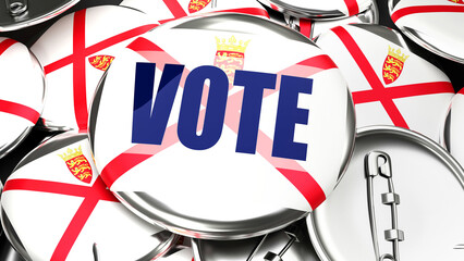 Jersey and Vote - dozens of pinback buttons with a flag of Jersey and a word Vote. 3d render symbolizing upcoming Vote in this country., 3d illustration