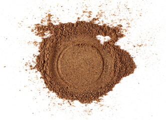 Ground, milled nutmeg powder isolated on white, top view