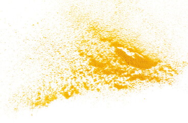 Turmeric (Curcuma) powder pile isolated on white, top view