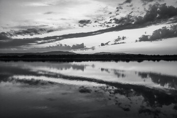 Naklejka premium Beautiful sunset taken in Port Leucate South of France with sky reflection in a Mediterranean landscape