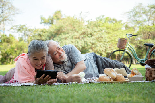 An elderly couple doing picnics and watching movie in the garden with bright smiles and enjoying the relaxation of summer season. Health and relaxation after retirement.