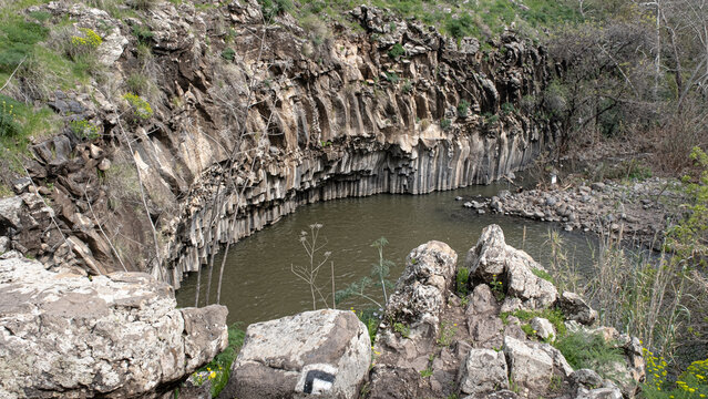 Top view of the Hexagon [Meshushim] Pool, a natural pool by Meshushim Stream in Yehudia Forest Nature Reserve, in central Golan Heights, Israel