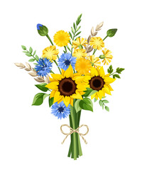 Vector rustic bouquet of blue and yellow sunflowers, cornflowers, dandelions, ears of wheat, and green leaves isolated on a white background