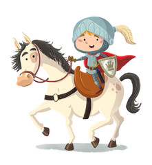 Illustration of a knight boy riding his white horse © cirodelia