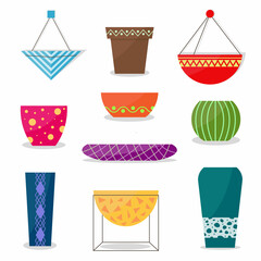 A set of flower pots of different shapes and colors, flower pots with a pattern for decorating the interior of a room or garden. Urban Jungle