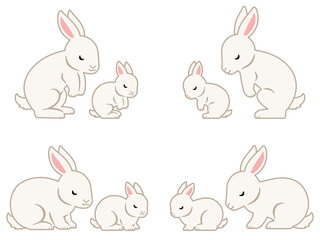 お辞儀する白うさぎの親子のイラストセット