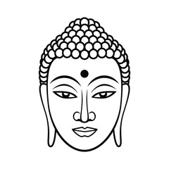 Buddha face. Black line illustration on white background. Enlightenment and balance. Vector illustration
