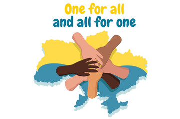 I Support Ukraine poster isolated concept background. People hands hold and protect Ukraine yellow and blue colors map. Stop the war together. Vector illustration in flat cartoon design.