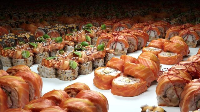 Flying over sushi rolls set. 3d render 3d animation Japanese food cuisine