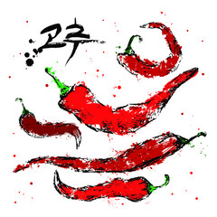 Red peppers. Korean word for Pepper. Vector illustration
