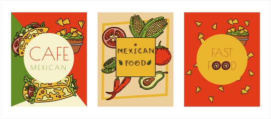 Mexican cuisine, vector doodle food banner. National spicy food, fast food, snacks. Sketch illustration for restaurant, menu, cafe. Fiesta mexicana