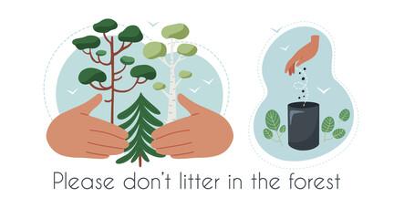 Hand drawn vector clip art about protecting forest, concept of recycling and green living.