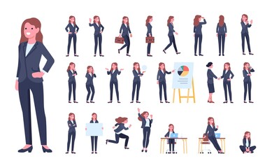 Business woman character poses. Working female clerk. Formal wear. Different office situations. Businesswoman walks and talks with colleague. Activities or gestures. Vector positions set