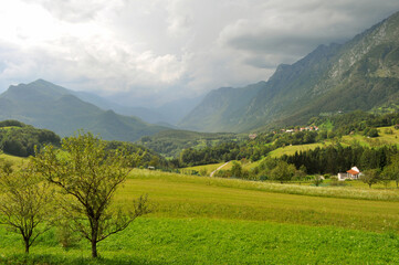Cloudy Julian Alps Landscape. Dreznica, Slovenia 