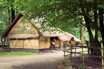 ancient yellow barn in a rural landscape, Bokrijk, Belgium