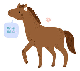 Horse with neigh sound in speech bubble. Animal talking