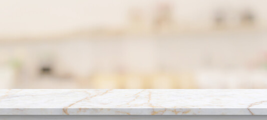 marble table top with blurred kitchen cafe restaurant interior background