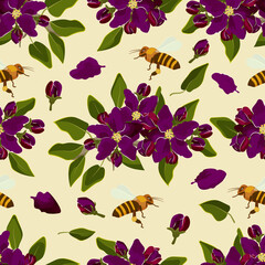 Vector seamless pattern with apple blossom and flying bees. Gardening and spring illustration for background, textile, poster, scrapbooking, stickers set, greeting card, party invitations, tags.