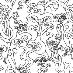 Freehand drawn line magic mushrooms seamless pattern. Vector illustration doodle style.