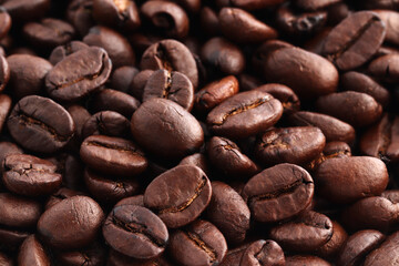 Roasted coffee beans background, Top view
