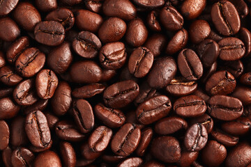 Roasted coffee beans background, Top view