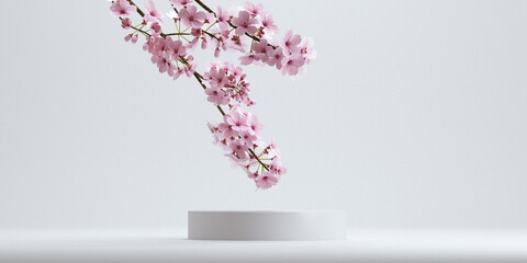 Cosmetic background. podium and cherry blossom white background for product presentation. 3d rendering illustration.