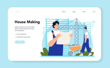 Constructor web banner or landing page. House and road building process