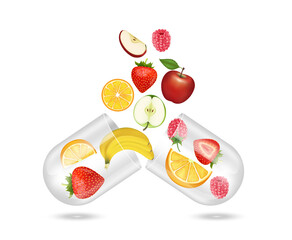 Berry different fruit vegetable inside transparent capsule open. Rich in vitamin and supplements. Natural products containing dietary fiber and minerals healthy. IV Drip vitamin. Realistic 3D vector.