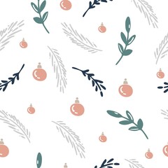 Seamless pattern in boho style. Vintage winter, Christmas elements, winter decorations and abstract elements. Design for textiles, cards, invitations, wrapping paper and boxes. Hand drawn elements