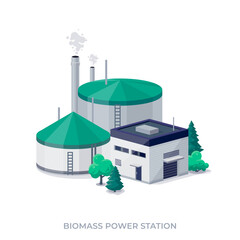 Biomass power plant station. Biofuel factory energy generation producing electricity or heat. Grown organic material energy generator. Isolated vector illustration on white background. - obrazy, fototapety, plakaty