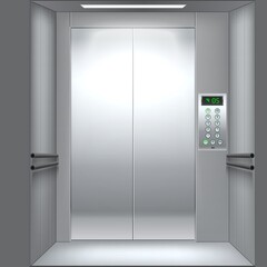 Realistic elevator cabin. Lift inside view. Metal close doors. 3D empty interior with buttons and electronic floor index. Building machine steel walls. Panel and lamp. Vector concept