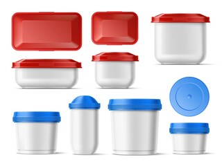 Realistic food containers. White plastic product boxes with color caps. Home storage packaging mockup. Clear jars and pots. Round and square shapes. Vector isolated reusable packages set